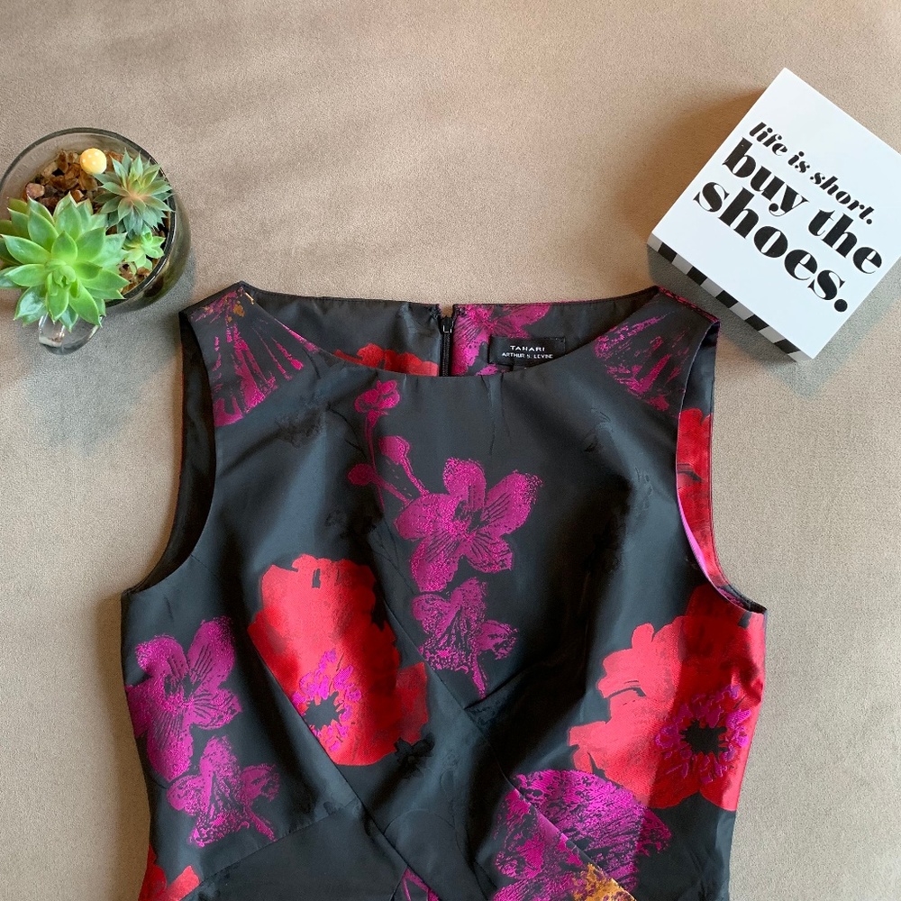Tahari Arthur S Levine Metallic Floral A‑Line Dress | Red Orange Floral Jacquard